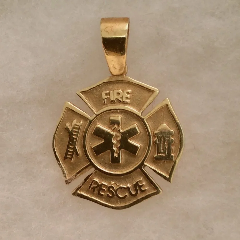 14k Gold Fire Resue with Cadieus symbol Maltese Cross Pendant - Picture 3 of 11